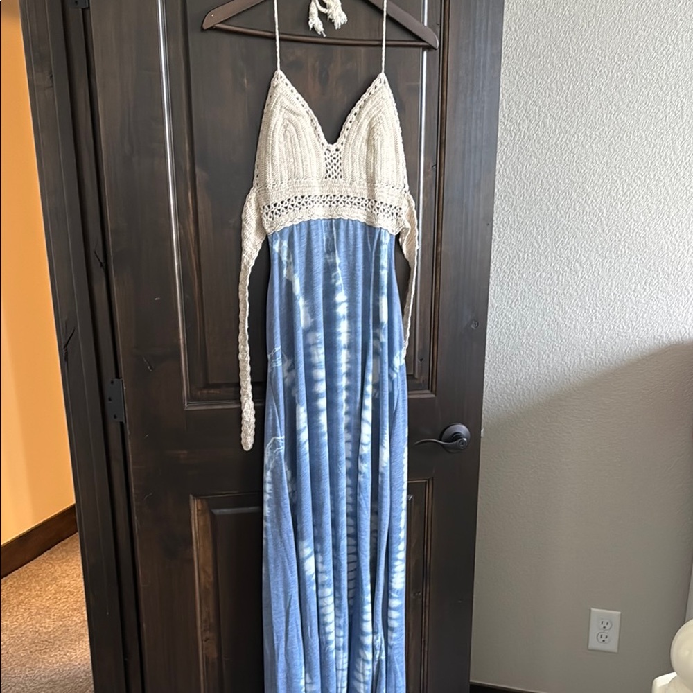 Cream Crochet and Blue Tie Dyed Sundress Maxi Halter